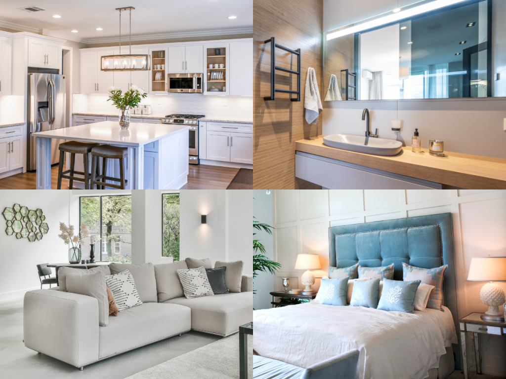 Picture of four specific cleaning areas in the home: kitchen, bathroom, living room, bedroom.