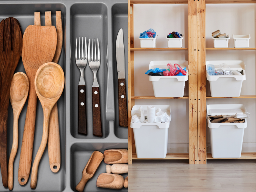 Picture of silverware in a drawer organizer and of shelves with different-sized container filled with items