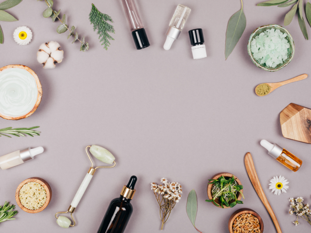 A picture of various eye products and skin tools. 