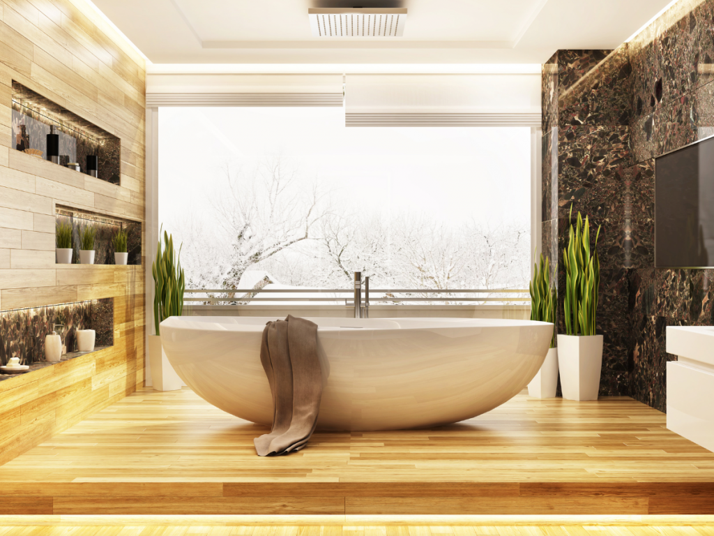 A picture of a bathroom spa essentials visualization with a beautiful tub, plants, floor to ceiling window, etc.