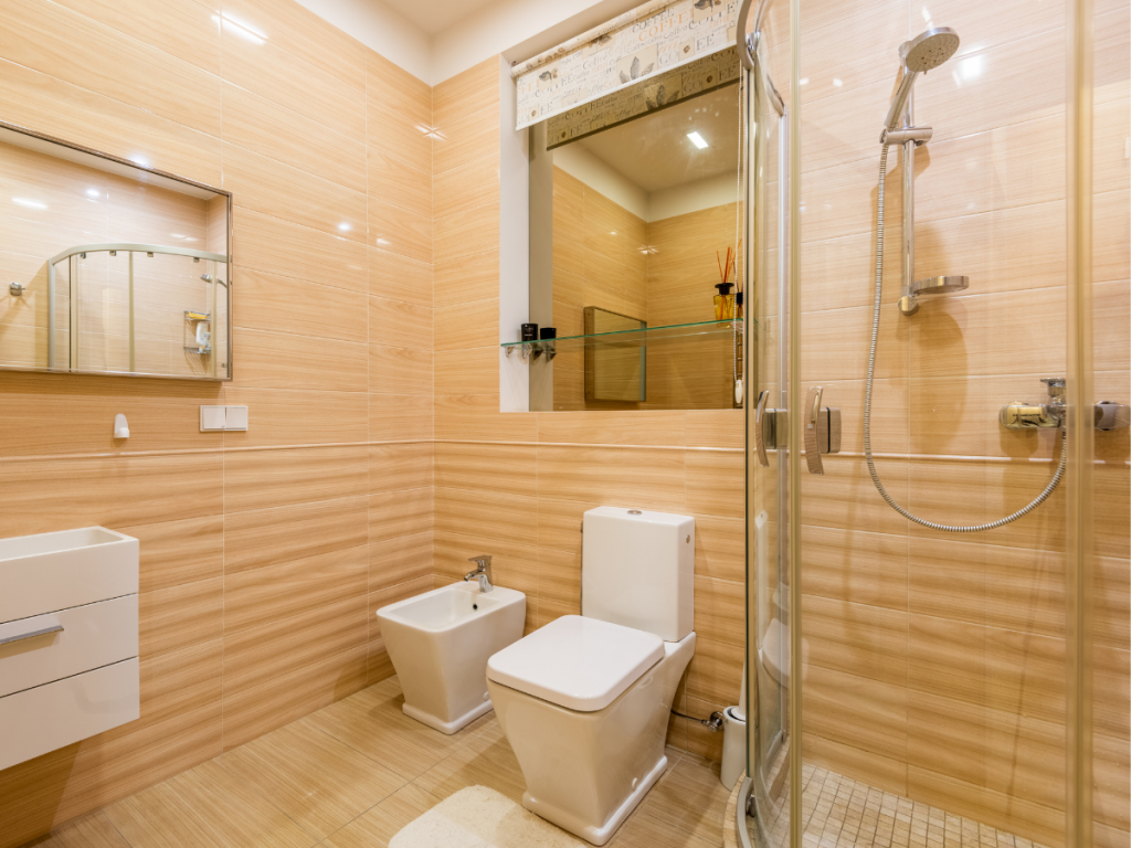 A picture of a spa bathroom with upgraded lighting