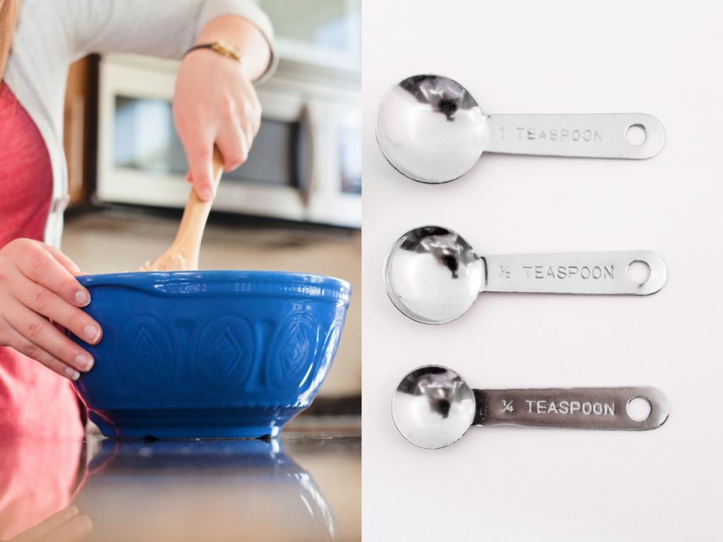 Mixing bowl and measuring spoons pictured in a kitchen.