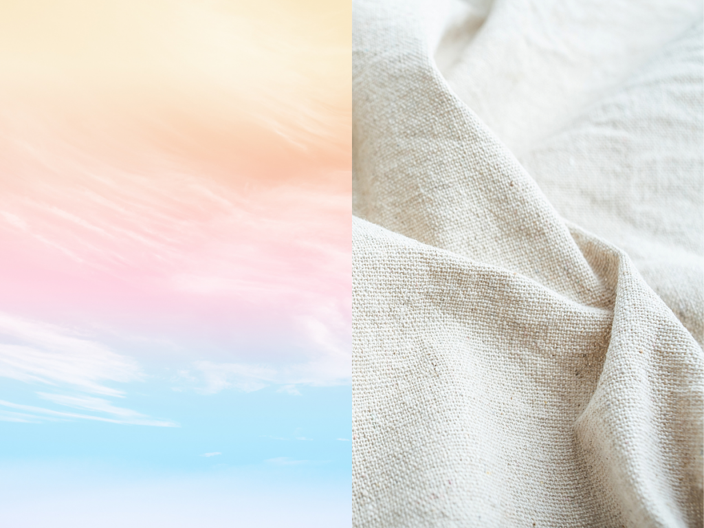 A picture divided in two with soothing colors on the left and a picture of a beige fabric on the right.